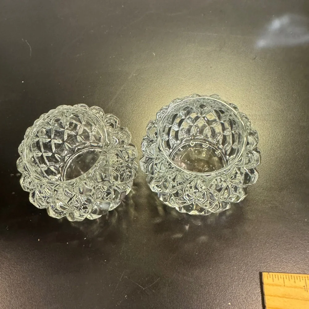 Diamond Point Cut Glass Votive Candle Holders Set of 2 Clear Vintage Style 3in